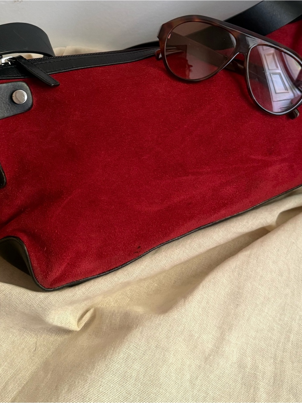 Apostrophe Y2K Large Red Suede Oblong Baguette Shoulder Bag Vintage Purse